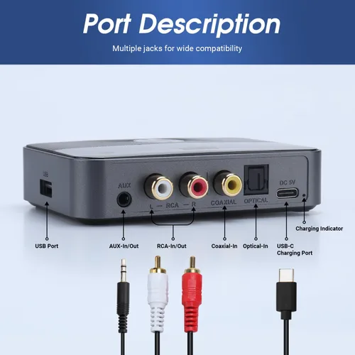 Vista 6 de August MR285 Receptor transmisor Bluetooth para AUX, RCA, óptico, coaxial y USB - Adaptador de audio Bluetooth NFC para TV, coche, auriculares