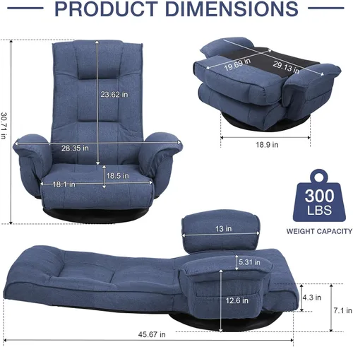 Vista 2 de Linen Fabric Ergonomic Gaming Chair, 6-Position Reclining Sofa Bed with Lumbar Support, Foldable Floor Lounger with Thick Cushion, Armrests & Side