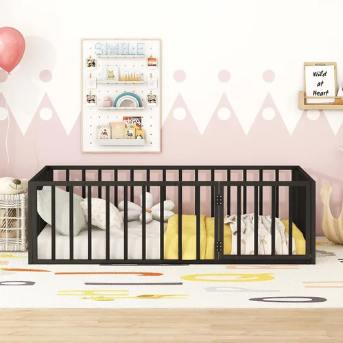 Vista 4 de Cama de suelo de tamaño individual para niños, camas Montessori con rieles y puerta, marco de cama de metal con valla para niños y niñas, color negro