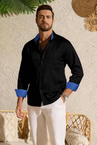 Vista 2 de Camisas de lino para hombre, casual, de manga larga, con botones, ajuste regular, cuello en contraste, con bolsillo