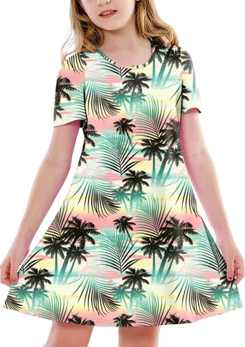 Vista 16 de Deerose Kids Summer Short Sleeve Dresses Hawaiian Tshirt Sundress 3-14 Years Coconut trees
