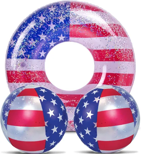 Vista 11 de POZA Flotador inflable de piscina de Estados Unidos – Lujosa tumbona divertida llena de confeti de estrellas plateadas brillantes, diseño de bandera