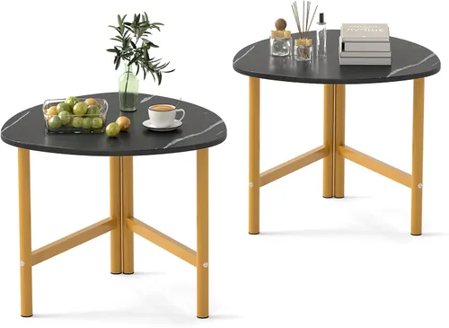 Vista 10 de Giantex Mesa auxiliar triangular, mesa auxiliar de madera con parte superior de mármol sintético y patas de metal, mesas decorativas para sofá, mesa