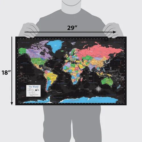 Vista 2 de Póster laminado de mapa del mundo, gráfico de pared, mapa de la Tierra, 18 x 29 pulgadas (negro)