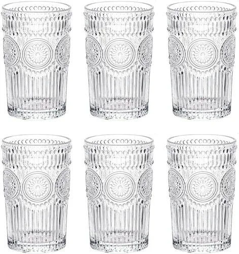 Vista 7 de LOYUYU Juego de 4 vasos de agua románticos, vasos de 12 onzas de alta calidad, juego de cristalería vintage para jugo, bebidas, cerveza, cóctel
