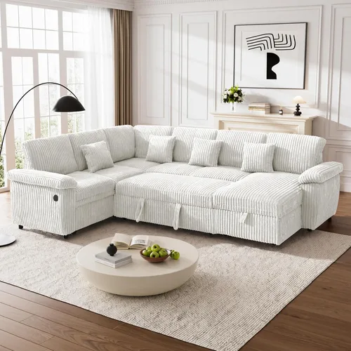 Vista 9 de Sofá cama modular de 110 pulgadas con cama extraíble, diván de almacenamiento y carga USB, sofás seccionales de pana de felpa en forma de U beige