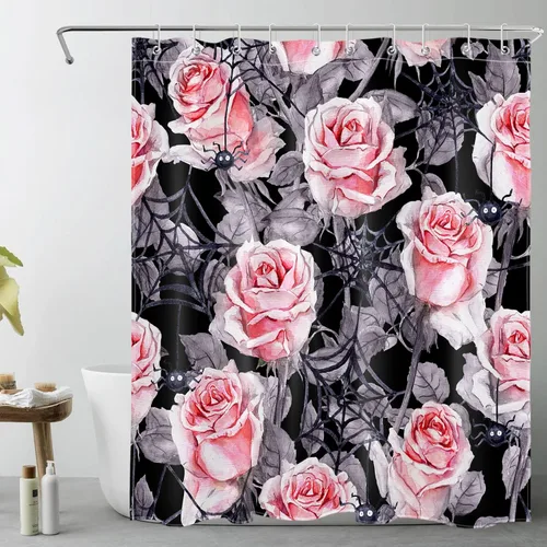 Vista 30 de LB Cortina de ducha de feliz Halloween para baño, flamenco rosa y calabaza naranja con sombrero mágico, cortina de ducha de tela con ganchos, juego