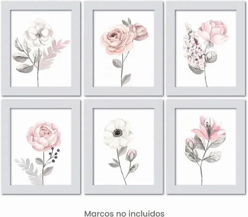 Vista 5 de Lambs & Ivy Acuarela Floral Sin Marco Vivero Niño Arte De Pared 6pc - Rosa/Gris