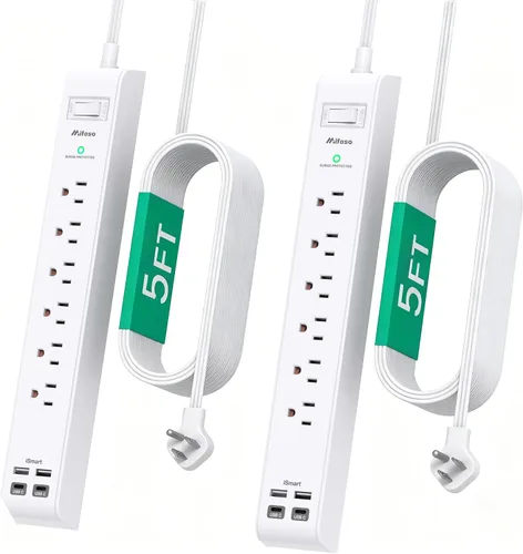 Vista 10 de Paquete de 2 regletas de alimentación, cable de extensión de 3 pies, protector de sobretensiones con 6 tomas de corriente y 4 puertos USB (2 USB C)