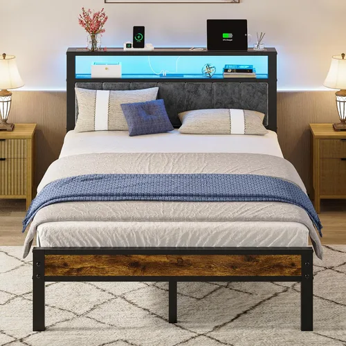Vista 10 de Liians Base de cama tamaño individual con luces LED, cabecera tapizada gris Platform Bed with 2-Tier Storage Shelf, Charging Station, Noise Free