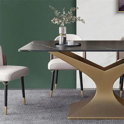 Vista 6 de LAKIQ Mesa de comedor rectangular moderna de estilo lujoso, mesa de cocina de piedra sinterizada, mesa de pizarra con pedestal de bronce para Negro
