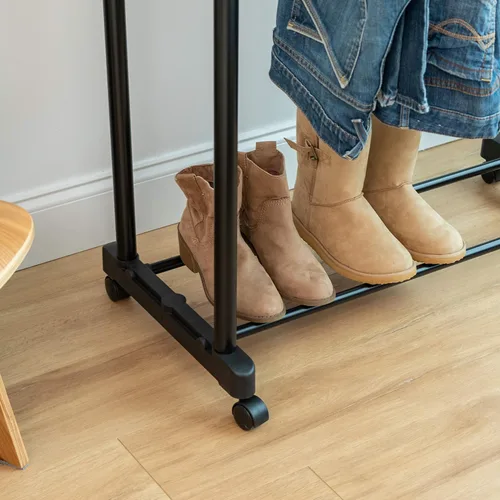 Vista 7 de IRIS USA Perchero portátil de doble barra ajustable con barra extensible y ruedas con bloqueo, ropa rodante, armario de doble barra, fácil