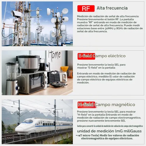 Vista 6 de AceFox Detector de EMF para Detectar EF RF MF, Pantalla LCD Digital, Mide uT mG/V/m pW/cm², Medidor de EMF Recargable 3-en-1 para Inspecciones