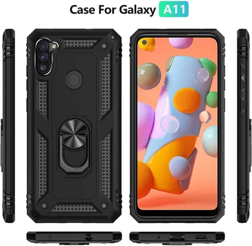Vista 6 de TJS Funda compatible con Samsung Galaxy A11, con protector de pantalla de vidrio templado, anillo de metal, soporte magnético, funda protectora Negro