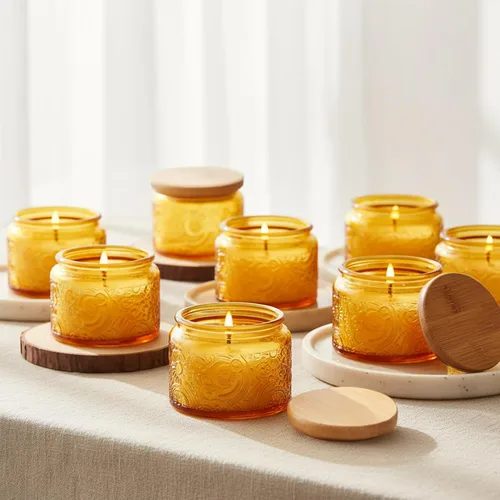 Vista 10 de Paquete de 18 recipientes de vela de vidrio en relieve de 4 onzas con tapas y etiquetas de bambú, tarros de vela azules para hacer velas, diseño