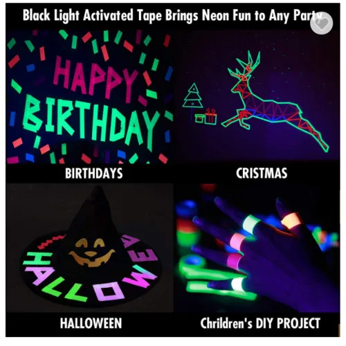Vista 6 de Cinta adhesiva fluorescente azul neón para gaffer, cinta de punta azul neón reactiva a luz negra UV para etapas, juegos de fiesta, pisos