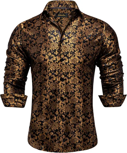 Vista 30 de DiBanGu Camisa de vestir de paisley de seda para hombre, formal, de manga larga, con cuello abotonado, camisas informales para fiesta de boda Negro
