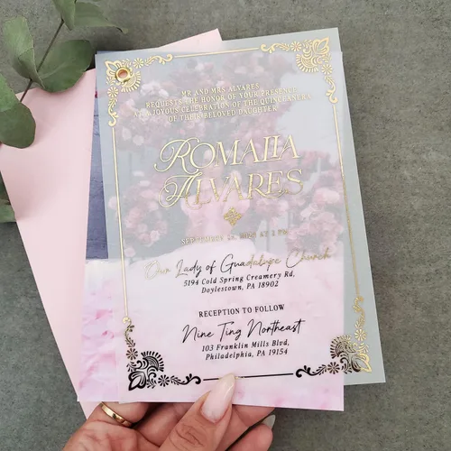 Vista 3 de Juego de 10 invitaciones de quinceañera con marco de lámina dorada, invitación con foto personalizada, invitación de Mis Quince Anos, invitaciones