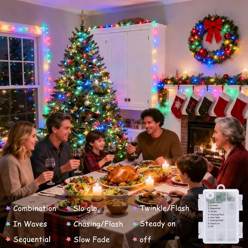 Vista 6 de JMEXSUSS Luces de Navidad multicolor que funcionan con pilas con 8 modos de control remoto, impermeables, 33 pies, 100 luces LED de Navidad
