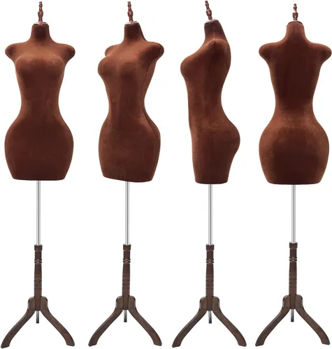 Vista 2 de Torso de maniquí femenino con curvas ajustables con soporte, forma de vestido pinable para ropa (marrón, terciopelo)