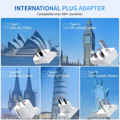 Vista 4 de Adaptador de viaje universal GaN de 45 W, adaptador de corriente internacional 7 en 1 de 2000 W con 3 USB-C (45 W PD)/2 USB-A/2 CA, enchufe mundial