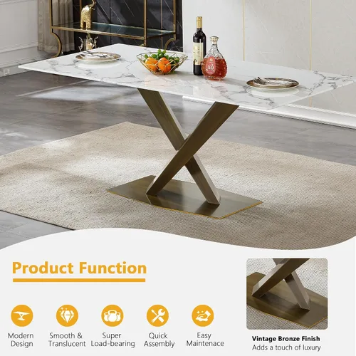 Vista 4 de Juego de mesa de comedor de mármol blanco de lujo para 4, 70 pulgadas, mesa de comedor de mármol blanco con 4 sillas de terciopelo gris y base
