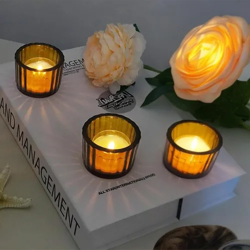 Vista 6 de GOLDEAL Portavelas ámbar Tealight, juego de 24 portavelas de vidrio grueso, portavelas votivas, para decoración de mesa de boda, suministros