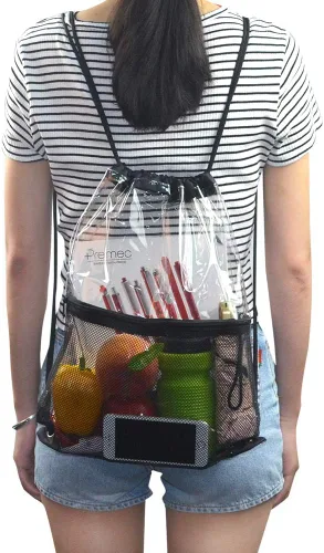 Vista 6 de Bolsa de cordón transparente impermeable con cordón para estadio, Negro (mesh black), M, Viajar