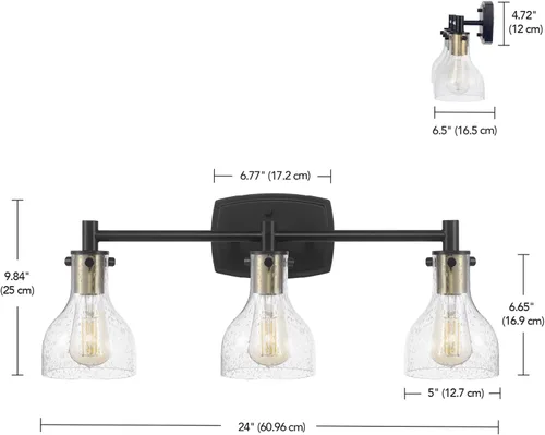 Vista 9 de GLOBE Electric 63000062 - Juego de baño todo en uno de 5 piezas, negro mate y latón, luz de tocador de 3 luces, vidrio sembrado, toallero, soporte