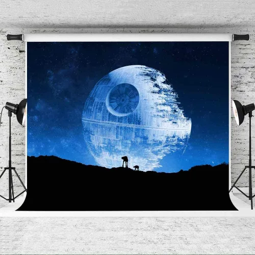 Vista 3 de EOA Telón de fondo azul de fotografía de estrella de la muerte de 5 pulgadas de ancho x 3 pies de alto, superarma galáctica, fanáticos de Star Wars