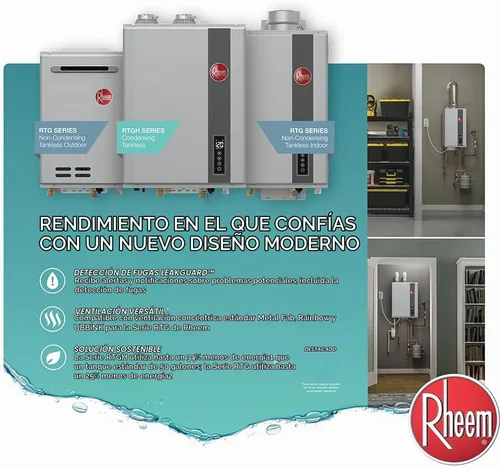 Vista 5 de Rheem - Calentador de agua de propano líquido sin tanque y con condensación, para interiores, hasta 6.8 GPM, 120,000 BTUs de agua caliente super