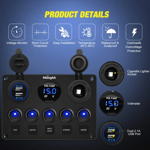 Vista 3 de Nilight 90101E Panel de Interruptores Basculantes Multifunción de 5 Posiciones con Cargador USB Dual + Voltímetro Digital + Toma de 12V Precableado