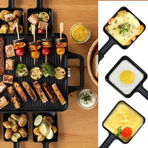 Vista 3 de Paquete de 4 sartenes de raclette prémium con mango extendido, mini sartenes antiadherentes para fundir queso para barbacoa al aire libre, sartén