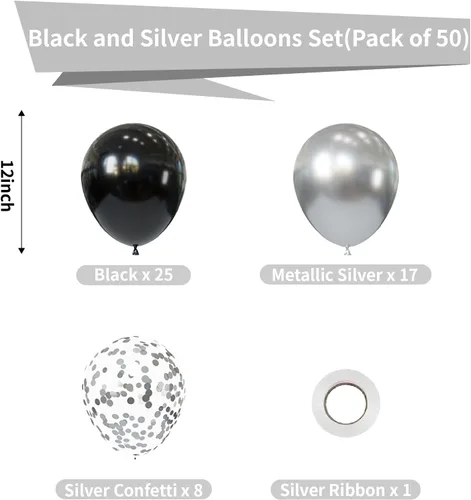 Vista 2 de Globos negros y metálicos plateados, 50 piezas de globos negros y plateados de 12 pulgadas, globos para fiestas para cumpleaños, graduación, Año