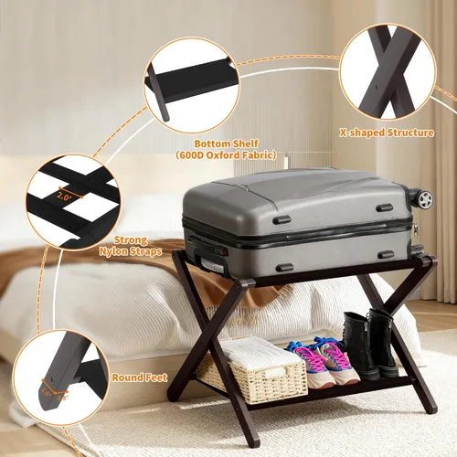 Vista 9 de Heybly HLR010Z1 - Portaequipajes, soporte plegable para maleta con estante de almacenamiento, soporte de equipaje de alta resistencia
