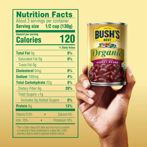 Vista 2 de BUSH'S BEST Frijoles de riñón de color rojo oscuro orgánico enlatados de 15 onzas, fuente de proteína y fibra a base de plantas, bajos en grasa, sin