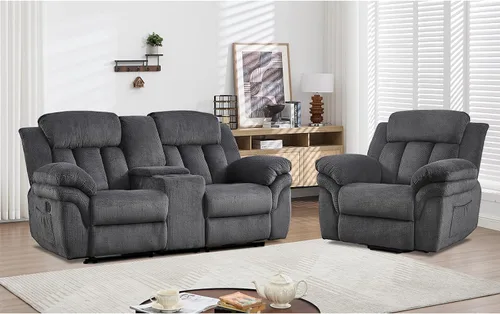 Vista 11 de CANMOV Juego de sofá reclinable, sofá biplaza reclinable manual y sofá de 3 plazas con reposabrazos sobrerelleno para sala de estar, muebles de Gris