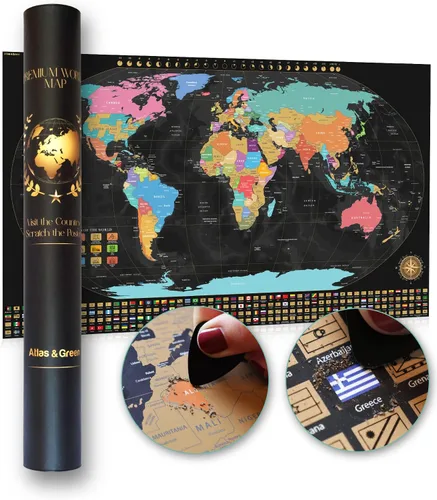 Vista 14 de Atlas & Green Mapa del mundo para raspar, todos los estados de EE. UU., mapa de viaje grande de 28 x 16.5 pulgadas. Places I've been Map World