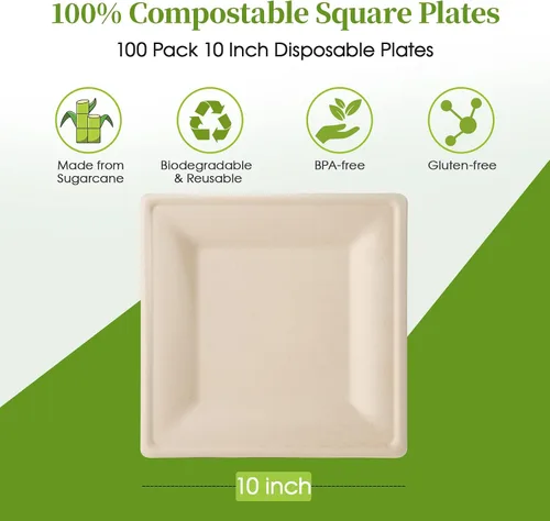 Vista 2 de ECOLipak Paquete de 100 platos cuadrados compostables, platos de papel desechables de 10 pulgadas hechos de caña de azúcar, ecológicos, resistentes