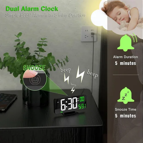 Vista 6 de KOSUMOSU Reloj de Escritorio 6.7 pulgadas Reloj Despertador Digital Negro con Alarma Dual, Atenuación, Fecha, Día de la Semana, Temperatura, 12h