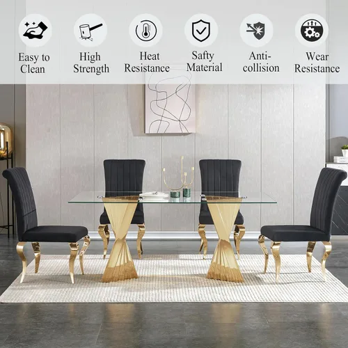 Vista 5 de Juego de mesa de comedor de cristal dorado de 5 piezas, 70 pulgadas, rectangular, moderna, para cocina y comedor, juego para 4, mesa de comedor