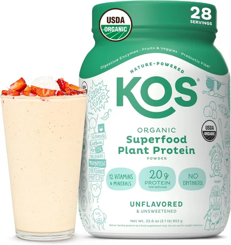 Vista 23 de KOS Proteína en polvo a base de plantas, muffin de arándano - Superalimento de proteína de guisantes orgánico con mezcla de espirulina y apoyo