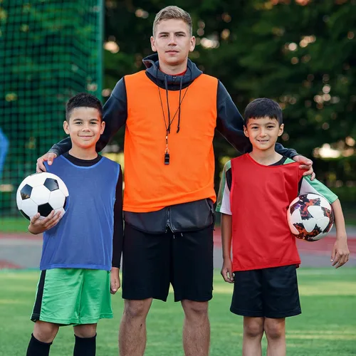 Vista 5 de 48 piezas de camisetas deportivas juveniles de fútbol para practicar baloncesto, 4 colores, 4 equipos para entrenamiento de equipo de fútbol