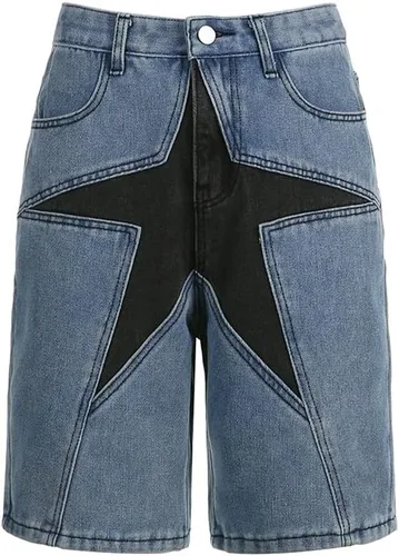 Vista 2 de Pantalones cortos de mezclilla de cintura alta para mujer, Y2K Grunge Patchwork Stars Baggy Straight Leg Jean Shorts Hip Hop Goth Streetwear