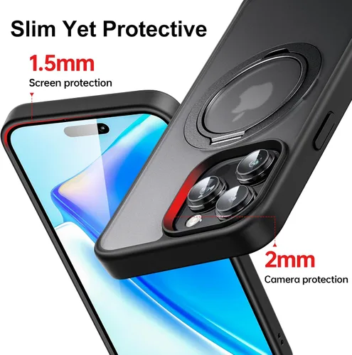Vista 4 de Facbiny Funda diseñada para iPhone 15 Pro Max con soporte invisible [protección militar contra caídas], anillo giratorio de 360°, funda translúcida