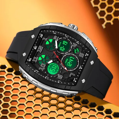 Vista 2 de Relojes para hombre, únicos rectángulos, reloj de pulsera blanco con pantalla digital analógica de doble hora, cronómetro de cuenta regresiva