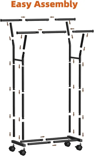 Vista 7 de Luxspire Perchero de doble barra para colgar ropa, perchero con ganchos laterales, estantes inferiores, ruedas de 360°, percheros para dormitorio