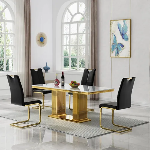 Vista 52 de 5 Piece Black Marble Dining Table Set for 4, Modern Faux Marble Kitchen Dining Room Tables with 4 Leather Chairs Set, 68.11" Luxury Rectangular