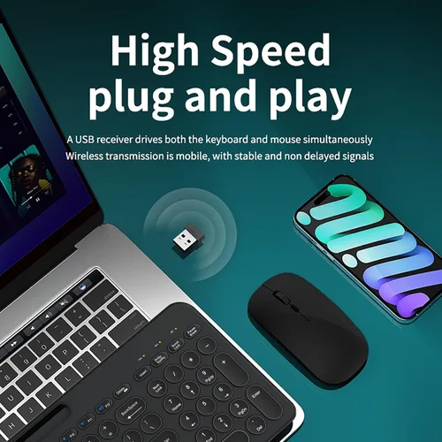 Vista 2 de Combo de teclado y mouse inalámbricos con soporte para tableta de teléfono, modo dual recargable (Bluetooth 5.0 y 3.0 +2.4G) mouse silencioso