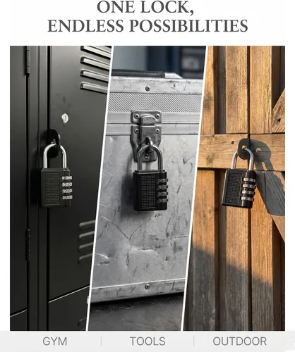 Vista 4 de Candado de combinación de 4 dígitos, cerradura de seguridad impermeable negra, paquete de 2, acero resistente para taquillas de gimnasio escolar